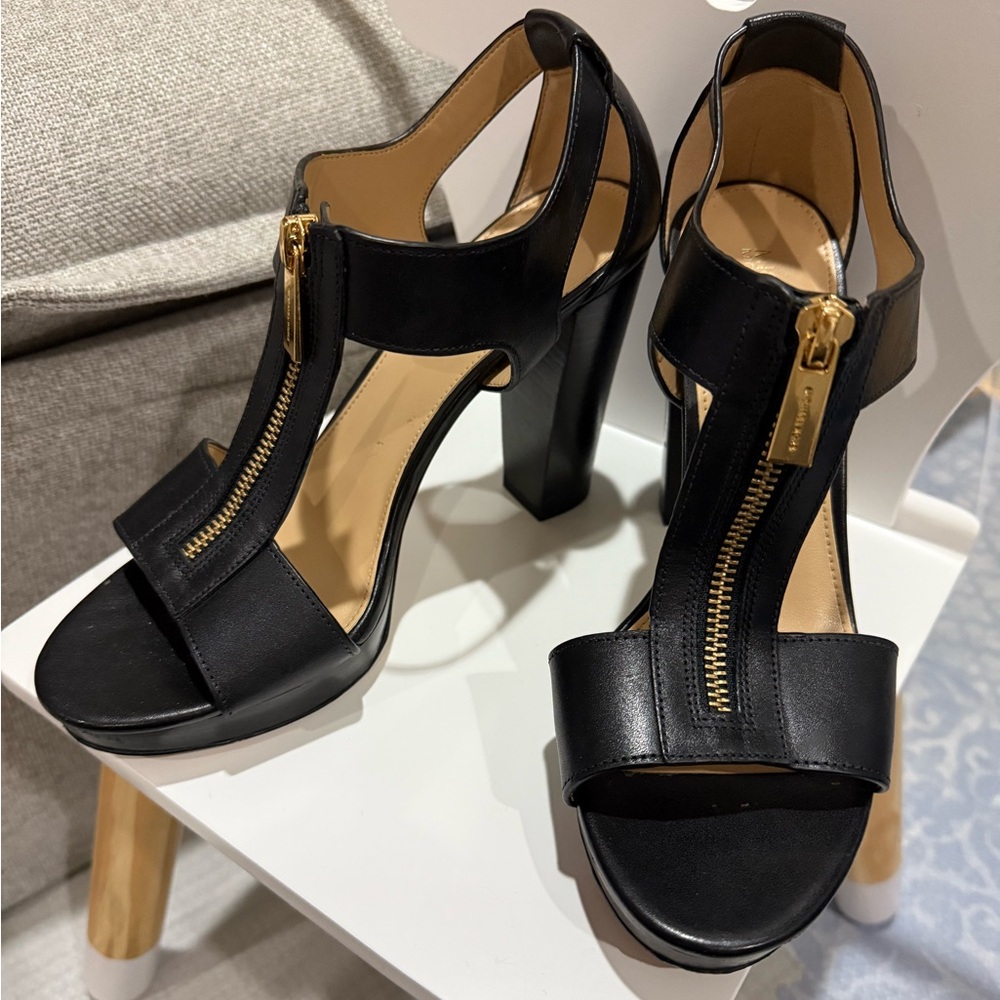 Michael Kors Chunky Leather Heels with Gold Zipper (Berkeley Sandal)